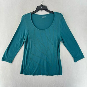 Coldwater Creek T-Shirt Womens Sz M Green Round Neck Embroidered Beaded Pullover